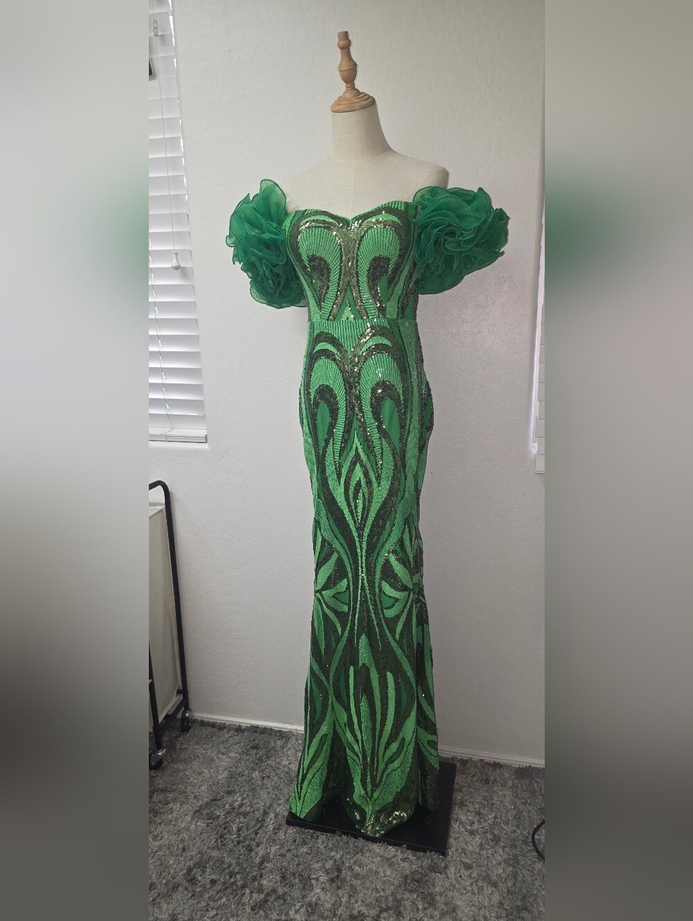 Emerald Green Off-Shoulder Sequin Evening Gown